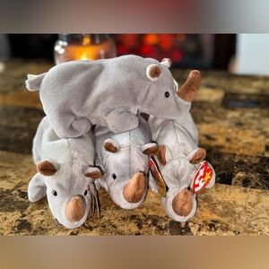 🦏 TY Beanie Babies “Spike” Rhino Lot of 4 — Mixed Tag Styles — 1996